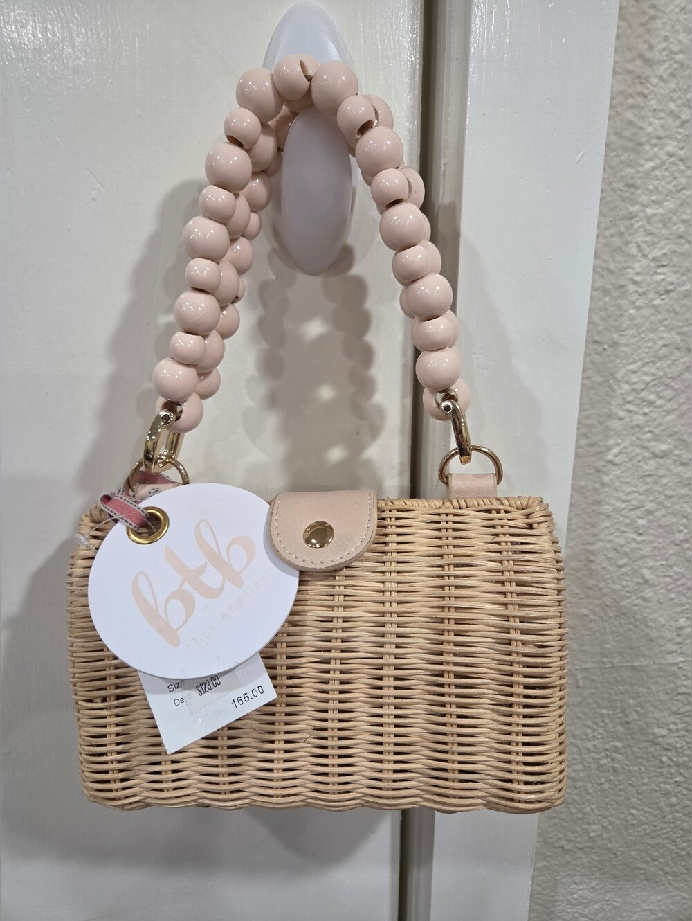 BTB Los Angeles Woven Straw Shoulder Bag with Pink Beaded Handle
